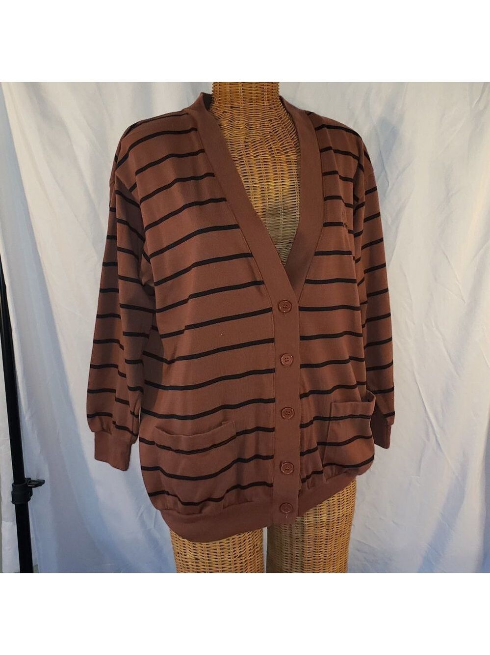 TARAZZIA Women's Striped Long Sleeve Brown Cardigan Sweater - M